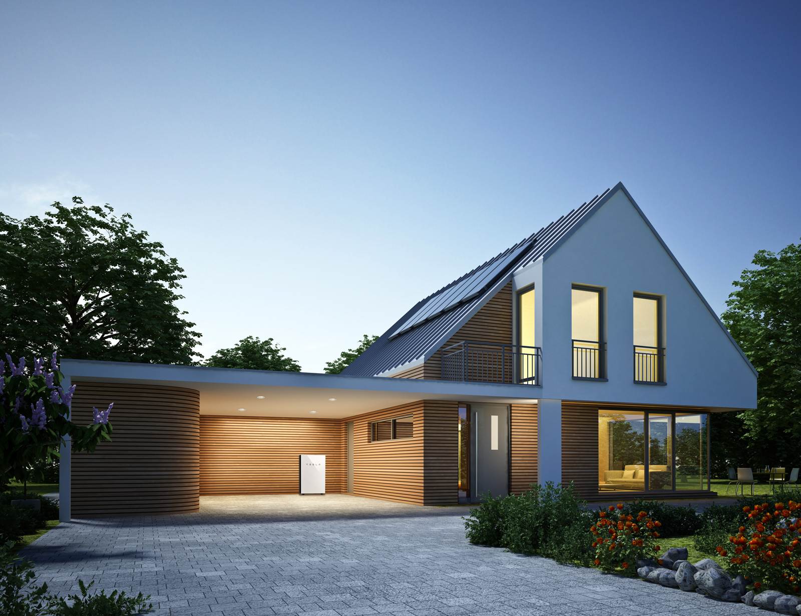 photo of modern house with tesla battery